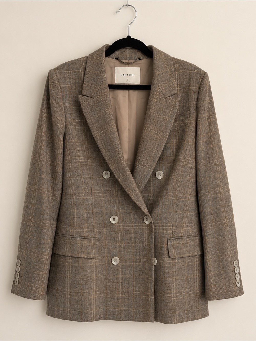 Babaton Taupe Plaid Double-Breasted Blazer